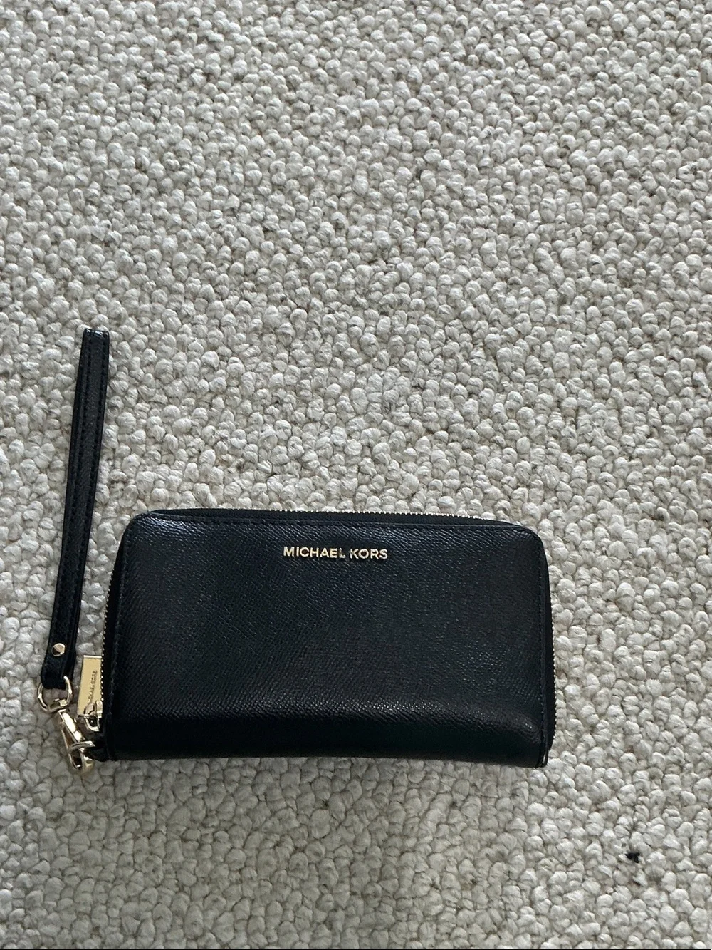 Michael Kors Black Leather Zip-Around Wristlet Wallet with Gold Hardware